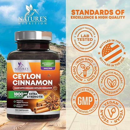 Organic Ceylon Cinnamon Supplement 1800mg - Certified Organic Ceylon Cinnamon Powder Pills - Energy & Heart Support for Women & Men, Bottled in USA, Antioxidant, Gluten Free, Non-GMO - 180 Capsules