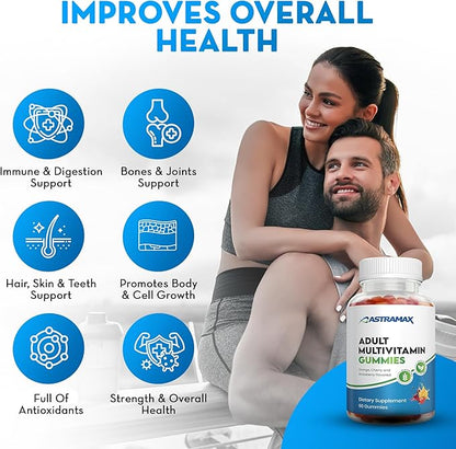 Adult Multivitamin Gummies – 90 Count | Orange, Cherry & Strawberry Flavors | Gluten Free, Vegetarian | Vitamins A, C, D, B12, Zinc | 45–90 Day Supply