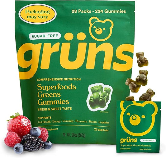 Gruns Adult Sugar-Free Super Greens Gummies, Superfood Gummy Bears with Spirulina, Chlorella, Fiber & Prebiotics for Digestive Health, Adaptogens Supplement with 20 Vitamins & Minerals, 28 Packets