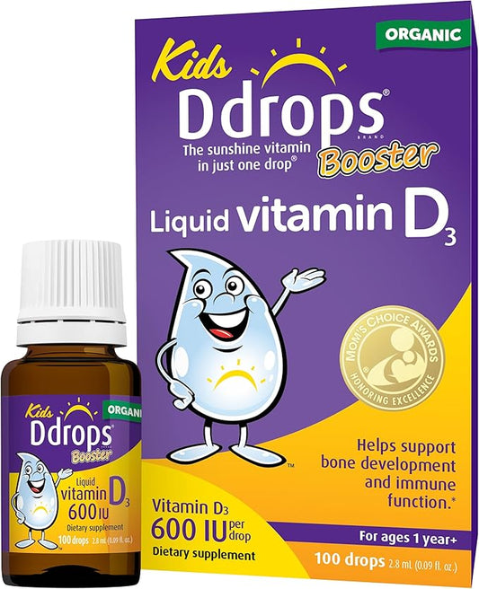 Ddrops Kids Booster 600IU 100 Drops - Daily Liquid Vitamin D for Kids. Support Strong Bones & Immune System in Children. No Preservatives, No Sugar, Non-GMO, Allergy-Friendly