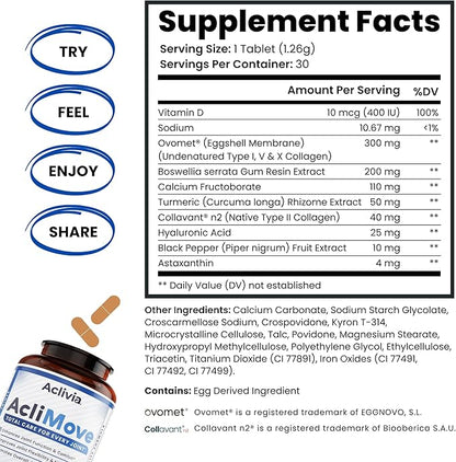 Joint Support Supplement - Mobility & Flexibility Formula with Hyaluronic Acid, Collagen, Egg Shell Membrane, Calcium & Astaxanthin - Non-GMO, Gluten-Free (30 Tablets)