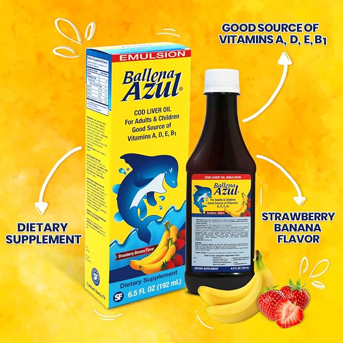 Ballena Azul Aceite de Hígado de Bacalao para Adultos y Niños, COD Liver Oil for Adults and Children, Source of Vitamins A,D,E, B1, Dietary Supplement, Omega 3,Inmune System Boost(Strawberry Banana)
