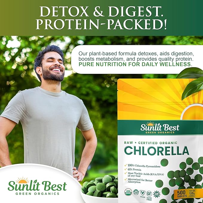Sunlit Best USDA Organic Premium Chlorella Tablets 500 Tabs | 100% Pure Chlorella Superfood Supplement High in Protein, Chlorophyll, Vitamins, & Minerals | Supports Good Health, Wellbeing & Recovery