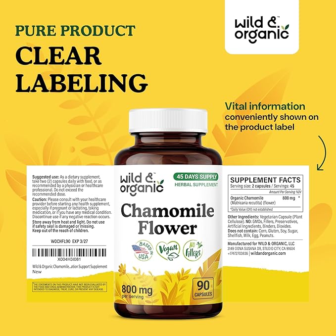 Wild & Organic Chamomile Capsules 800 mg - Relaxation & Digestive Support - Herb Chamomile Powder Supplement - Matricaria Recutita Flower - Vegan, No Fillers, Non-GMO - 90 Count