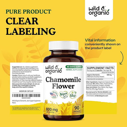 Wild & Organic Chamomile Capsules 800 mg - Relaxation & Digestive Support - Herb Chamomile Powder Supplement - Matricaria Recutita Flower - Vegan, No Fillers, Non-GMO - 90 Count