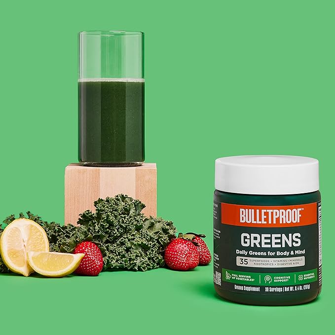 Bulletproof Greens, 8.4 Ounces, Daily Greens Powder for Daily Wellness, 35 Superfoods, and 15 Count Greens Packets Bundle