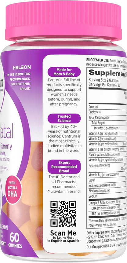 Centrum Postnatal Multivitamin Gummies with Biotin and DHA, Mixed Berry and Lemon Flavors - 60 Count, 30 Day Supply