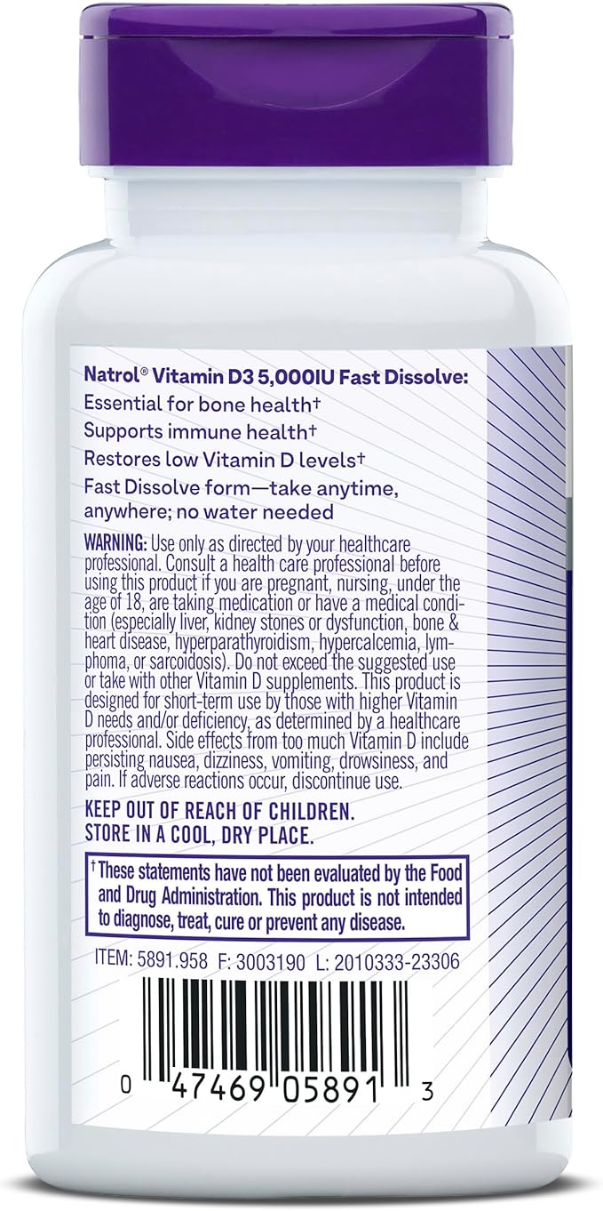 Natrol Fast Dissolve Vitamin D3 5,000 IU, Dietary Supplement for Bone and Joint Health, Bone Support Supplement, 90 Tablets, 90 Day Supply