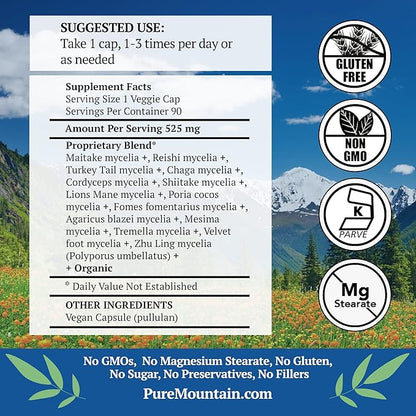 Pure Mountain Botanicals Mushroom Immune - 90 Kosher Capsules with 14 Powerful Mycelium Including Certified Organic Maitake - Reishi - Turkey Tail - Chaga - Cordyceps - Shiitake - Lions Mane