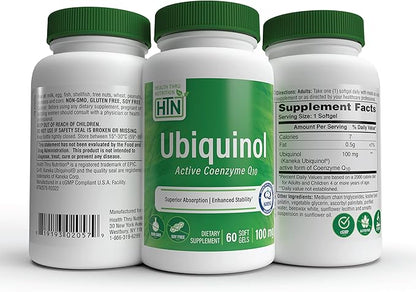 Health Thru Nutrition Ubiquinol 100mg 60 Softgels as Kaneka QH Reduced CoQ-10 | Stabilized - 3rd Party Tested | Enhanced Bioavailability | Cardiovascular & Mitochondria Function Support | Non-GMO