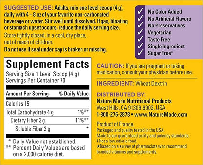 Nature Made Prebiotic Fiber Powder, Taste Free & Sugar Free Plant Based Vegetarian Prebiotic Fiber Drink Mix for Digestive System Support, 9.87 oz, 70 Day Supply