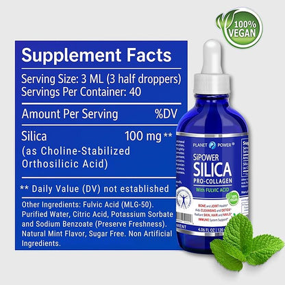 SiPower Silica Vegan Collagen, Supplement Drops - Liquid Orthosilicic Acid (CH-OSA) + Fulvic Acid. Natural Collagen Booster for Joints, Bones, Hair, Skin, Nails, Immune & Digestive Health-4oz