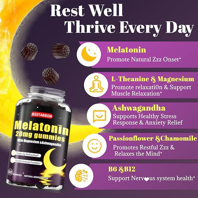 Melatonin Gummies 20mg for Women Men: Sugar Free Chewable Supplement with Zinc L-Theanine Ashwagandha Magnesium Lemon Balm and Chamomile - Maximum Strength for Adults Natural Berry Flavor(120count)