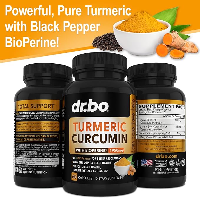 Turmeric Curcumin with BioPerine Supplement Capsules - Support Supplements with 1950mg Curcuma Longa Pure Organic Tumeric and Curcumin BioPerine Black Pepper - 60 Turmeric Pills