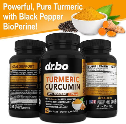 Turmeric Curcumin with BioPerine Supplement Capsules - Support Supplements with 1950mg Curcuma Longa Pure Organic Tumeric and Curcumin BioPerine Black Pepper - 60 Turmeric Pills