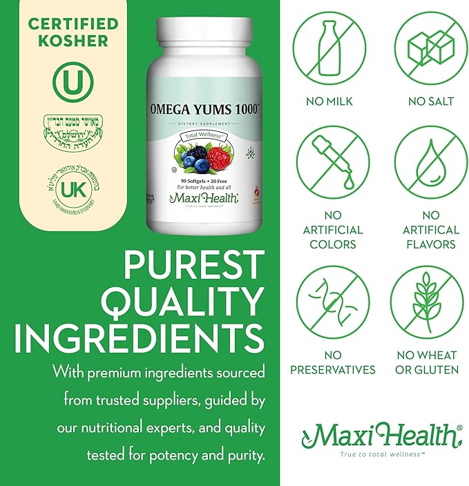 Maxi Health Omega Yums 1000 - Kid Friendly - Fruity Burst Flavor - 110 Softgel Capsules - Kosher