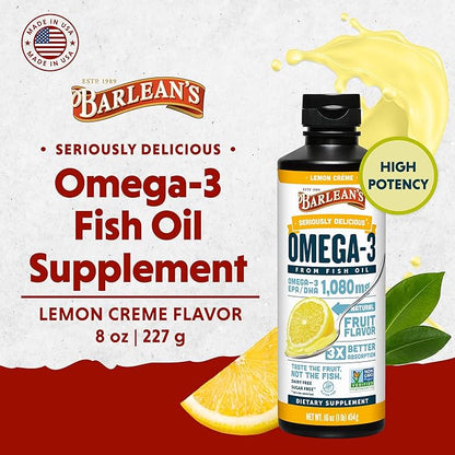 Barlean's Lemon Crème Omega 3 Fish Oil Liquid Supplement, 1080mg of Omega 3 EPA & DHA Fatty Acid, Smoothie Flavored & Burpless for Brain, Joint, & Heart Health, 8 oz
