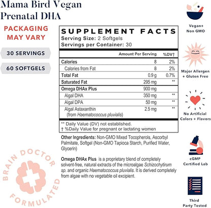 Best Nest Wellness Mama Bird Vegan Prenatal DHA - Brain & Eye Support Supplement for Baby - Vegan Prenatal Supplement with Algae DHA - Nutritional Supplement for Mom - 60 Softgels