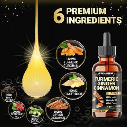 6in1 Liquid Turmeric Curcumin with Ginger, Berberine Extract, Ceylon Cinnamon, Bitter Melon, Black Pepper - Drops Extract - 2FL oz - 60 Servings
