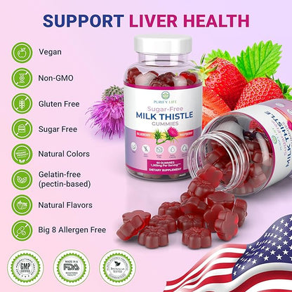 Purify Life Sugar-Free Milk Thistle Gummies for Liver Cleanse, Detox & Cell Repair (1000mg/serv) Cardo Mariano, Milk Thistle Extract & Antioxidant Support, Vegan, Replaces Pills & Capsules