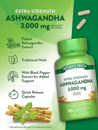 Nature's Truth Ashwagandha Capsules | 3000mg | 90 Count | Extra Strength | with Black Pepper | Non-GMO & Gluten Free Supplement