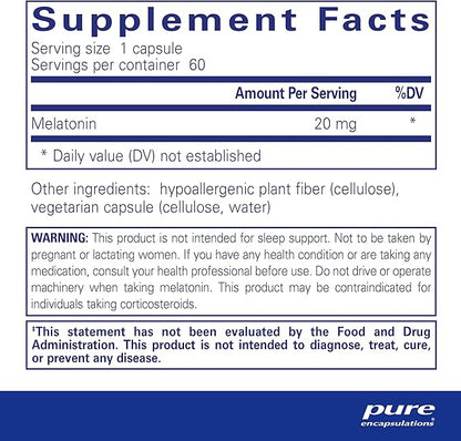 Pure Encapsulations Melatonin 20 mg - Not Intended for Sleep Support - for Immune System & Healthy Cells - 99.5% Purity Melatonin - Gluten Free & Non-GMO - 60 Capsules