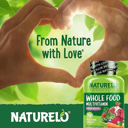NATURELO Whole Food Multivitamin for Women 50+ (Iron Free) with Vitamins, Minerals, & Organic Extracts - Supplement for Post Menopausal Women Over 50 - No GMO - 240 Vegan Capsules