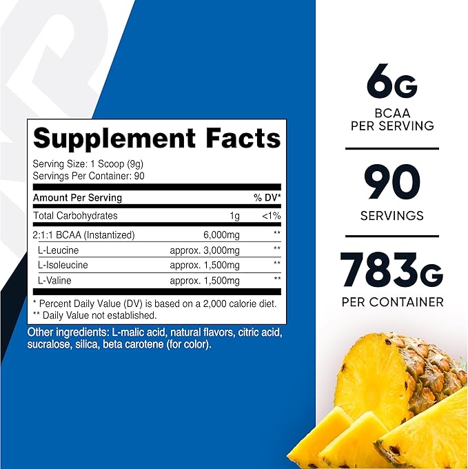 Nutricost BCAA Powder (Pineapple, 90 Servings) - Optimal 2:1:1 Ratio
