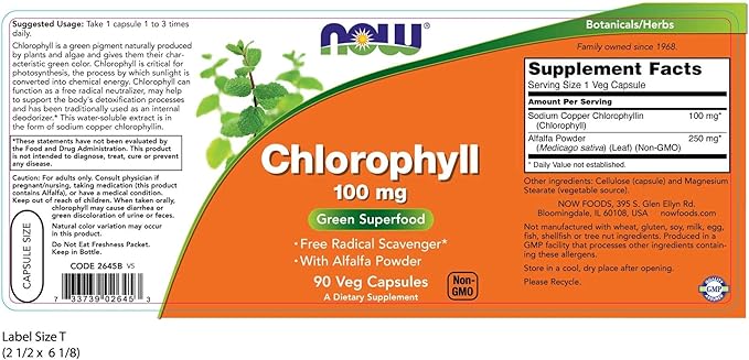 NOW Foods Supplements, Chlorophyll 100 mg with Alfalfa Powder, Green Superfood, 90 Veg Capsules