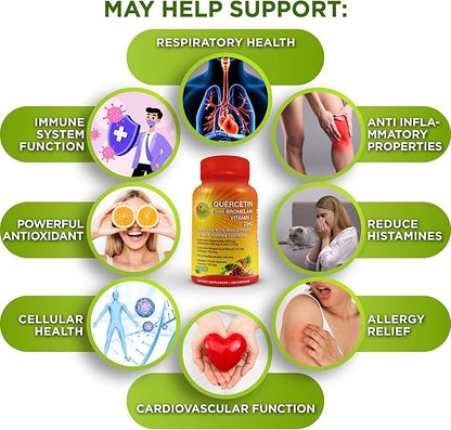 Quercetin with Bromelain Vitamin C and Zinc Enriched with Organic Whole Foods - 1215mg per Serving - Quercetin Phytosome 500mg Capsules with Ginger and Flavonoids for Immune Support - 180 count