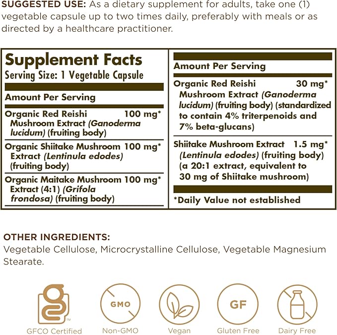 SOLGAR Reishi Shiitake Maitake - 50 Vegetable Capsules - Mushroom Extract - Non-GMO, Vegan, Gluten Free - 50 Servings