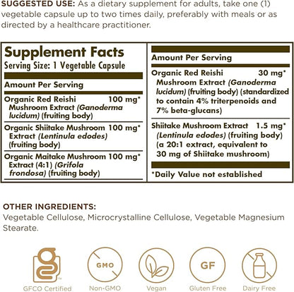 SOLGAR Reishi Shiitake Maitake - 50 Vegetable Capsules - Mushroom Extract - Non-GMO, Vegan, Gluten Free - 50 Servings