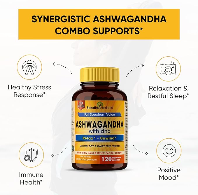 Sandhu Herbals Zinc 30mg Supplement and Organic 4 in 1 Ashwagandha Capsules with Zinc| Supports Healthy Skin, Immune System| Non-GMO