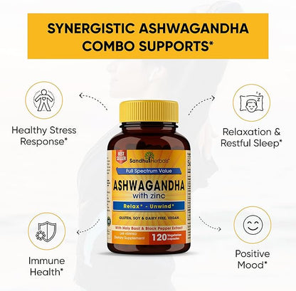 Sandhu Herbals Zinc 30mg Supplement and Organic 4 in 1 Ashwagandha Capsules with Zinc| Supports Healthy Skin, Immune System| Non-GMO