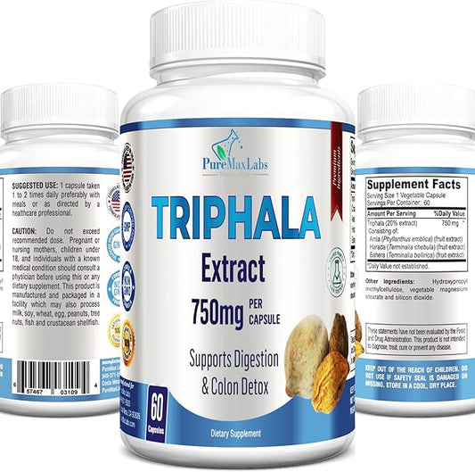 Triphala Capsules - Combination of Amla, Harada (Haritaki) & Bahera (Bibhitaki) - Digestion & Colon Support, Immune System Support - 60 Capsules