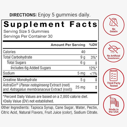 Force Factor Creatine Gummies, 5 Grams Creatine Monohydrate for Muscle Gain, More Strength, and Faster Recovery, Mixed Berry, 150 Gummies, 30 Servings