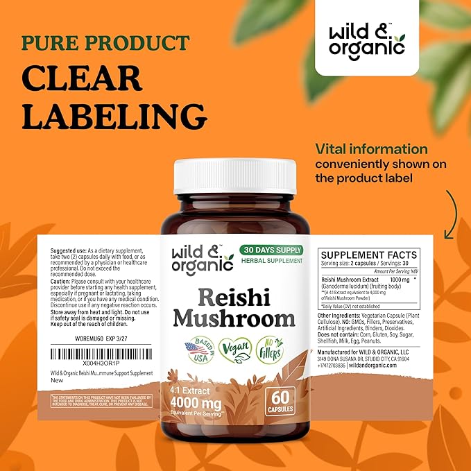 Wild & Organic Reishi Mushroom Capsules 1000 mg - Immune & Energy Support - Red Reishi Mushroom Extract - Ganoderma Lucidum Supplement - 60 Vegan Capsules - 30 Days Supply, Non-GMO, Gluten-Free
