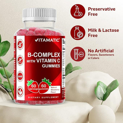 Vitamatic Vitamin B Complex Gummies with Vitamin C & Inositol - Natural Strawberry Flavor - 60 Gummies (3 Bottles)