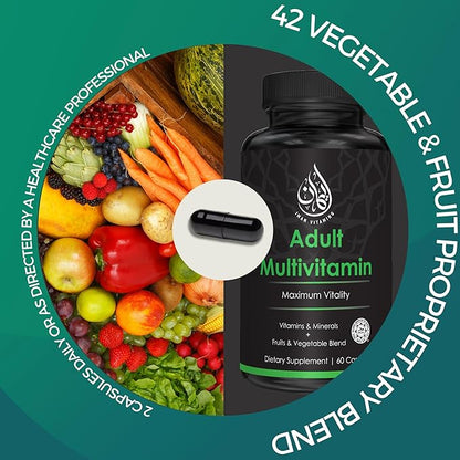 Halal Complete Multivitamin Capsules for Adults Men & Women | 42 Fruit & Vegetable Blend with Iron, Zinc, CoQ10, Folic Acid, and Vitamin A, B1, B3, B6, B12, C, D3, E | 60 Count