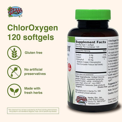 Herbs Etc. ChlorOxygen Chlorophyll Concentrate - Aids Healthy Blood Circulation - High-Altitude Environment Support - Energy Support - 120 Softgels (120 Servings)