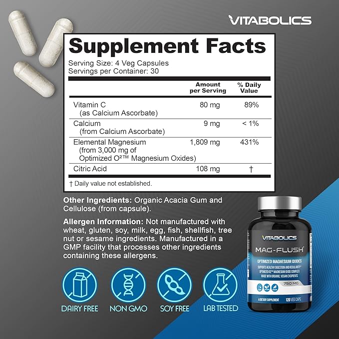 Mag Flush Magnesium Oxide Capsules 750mg 120 Vcaps - Oxygenated Magnesium Oxide Supplement for Constipation Relief, Colon Cleanse, Laxative and Digestion Support for Women and Men