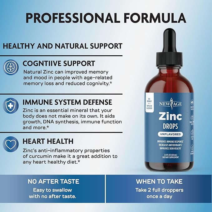 Liquid Zinc Drops for All Ages by NEW AGE - Zinc Sulfate for Immune Support, Vegan, Non-GMO & Gluten Free, 60 Day Supply, 2-Pack