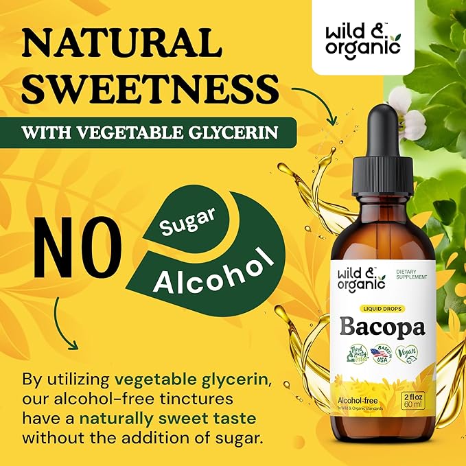 Wild & Organic Bacopa Tincture - Supports Calm, Focus, Clarity - Bacopa Monnieri Supplement Liquid - Alcohol-Free Drops with Brahmi Extract - Vegan, Sugar-Free - 2-Month Supply - 2 fl oz