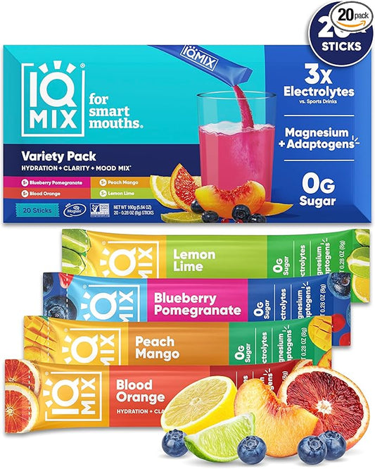 IQMIX Hydration Electrolyte Powder – 4-in-1 Formula for Hydration, Mental Clarity, Mood and Recovery – Sugar-Free Drink Mix, Keto, Magnesium L-Threonate, Lion’s Mane – 20 Count Variety Pack