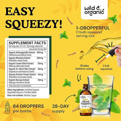 Wild & Organic Mood Support Drops - Good Mood Supplements w/Ashwagandha Root & Rhodiola Rosea - Natural Liquid Drops for Positive Energy - Calm and Relax Supplements for Women and Men - 2 oz