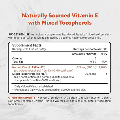 Sunflower Vitamin E 268mg (400 IU) with Mixed Tocopherols | Essential Skin Vitamin & Immune Support | Non-GMO, Soy & Gluten Free | 300 Softgels