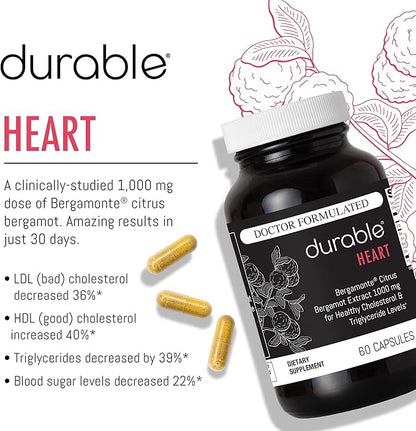 Durable Heart - Extra-Strength 1,000 mg Bergamonte Citrus Bergamot +Olive Leaf Extract +Non-GMO Vitamin C – Natural Heart Health Supplement for Healthy Cholesterol Support – Made in the USA (6 Bottle)