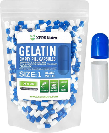 XPRS Nutra Size 1 Empty Capsules - 500 Count Empty Gelatin Capsules - Pill DIY Capsule Filling - Pure Bovine Pill Gel Caps for Do-It-Yourself Supplements (Blue/White)