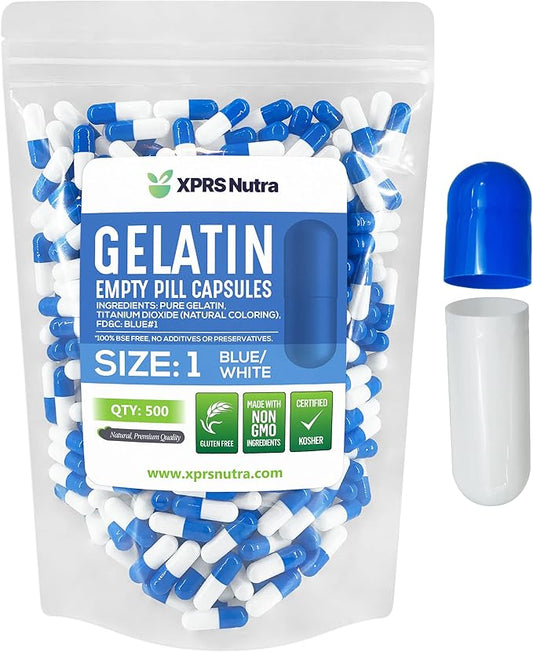 XPRS Nutra Size 1 Empty Capsules - 500 Count Empty Gelatin Capsules - Pill DIY Capsule Filling - Pure Bovine Pill Gel Caps for Do-It-Yourself Supplements (Blue/White)