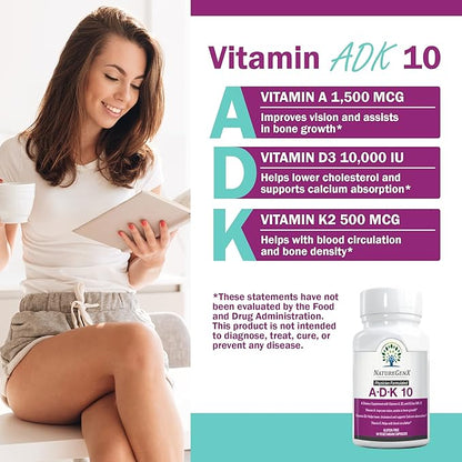 ADK 10 Supplement - Potent A, K2 & D3 Vitamin Supplement 10000 IU for Bone, Heart & Immune Support - 90 Count Easy-to-Swallow Vitamin ADK Supplement Capsules (3 Month Supply)